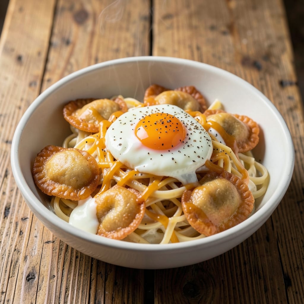 Creamy Cafeteria Noodles Recipe with Egg Noodles: Silky Yolk Rivers in Crispy Wonton Cups