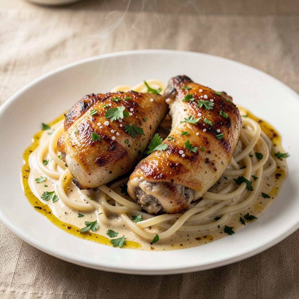 Creamy Garlic Chicken Thighs Over Egg Noodles Recipe: Garlicky Sauce That Coats Every Bite