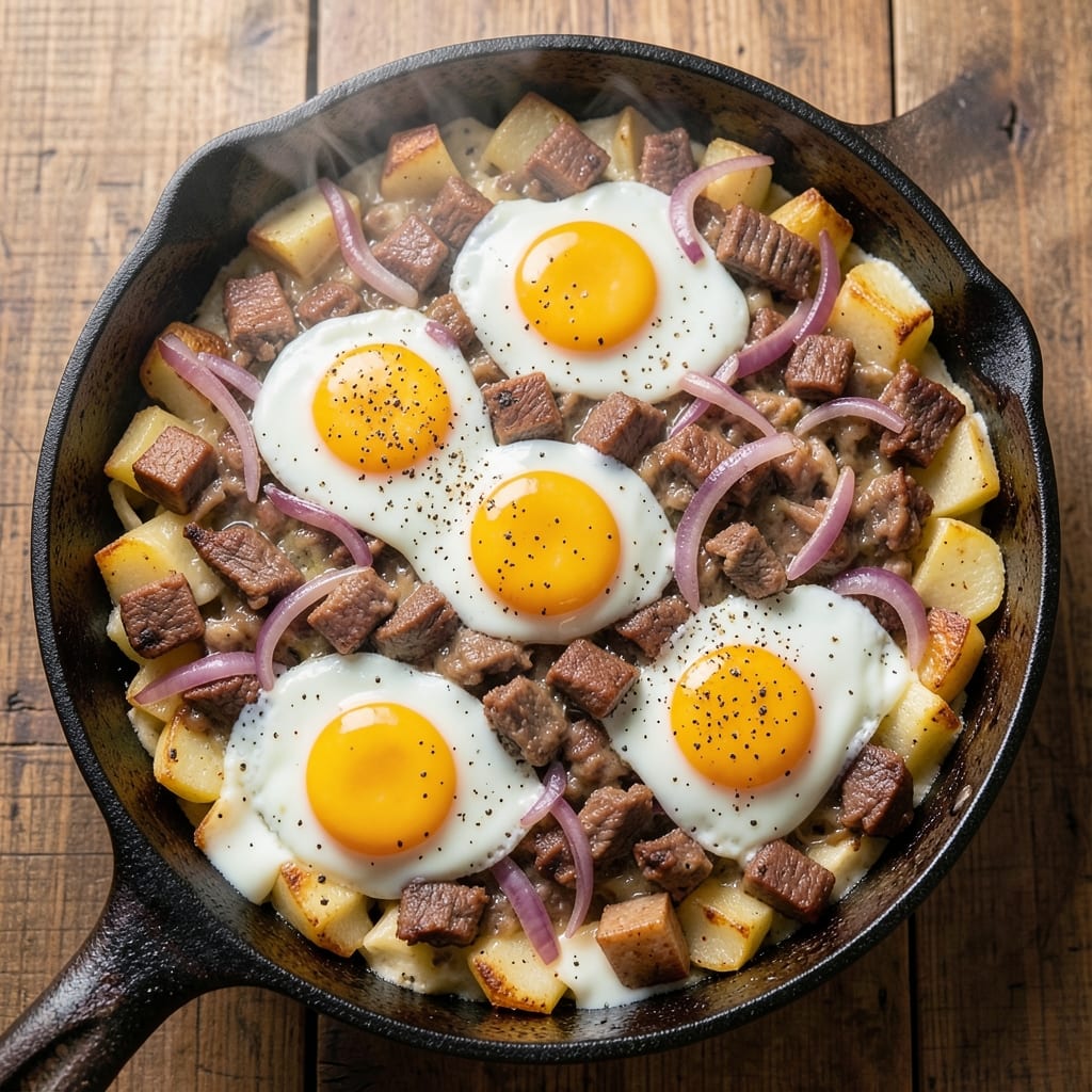 Corned Beef Hash and Egg Casserole Recipe: Savory Layers of Crispy Potatoes and Runny Yolk Magic
