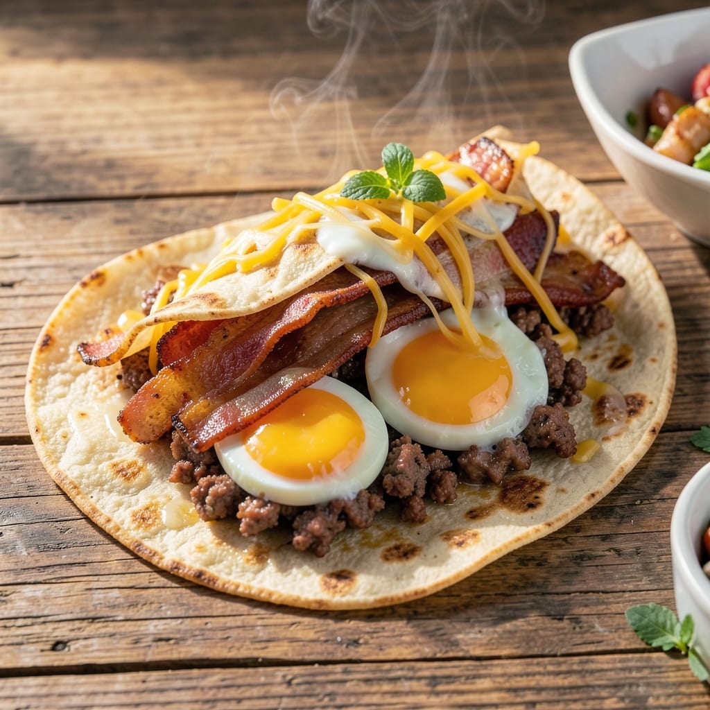 Bacon Sausage and Egg Wraps Recipe: Crispy Tortilla Crunch with Runny Yolk Magic