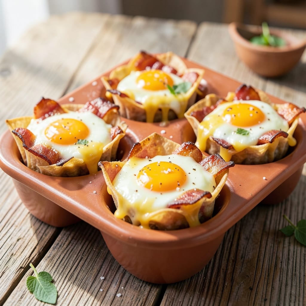 Cheesy Bacon Egg Cups Recipe: Crispy Wonton Shells With Smoky Yolk Hearts