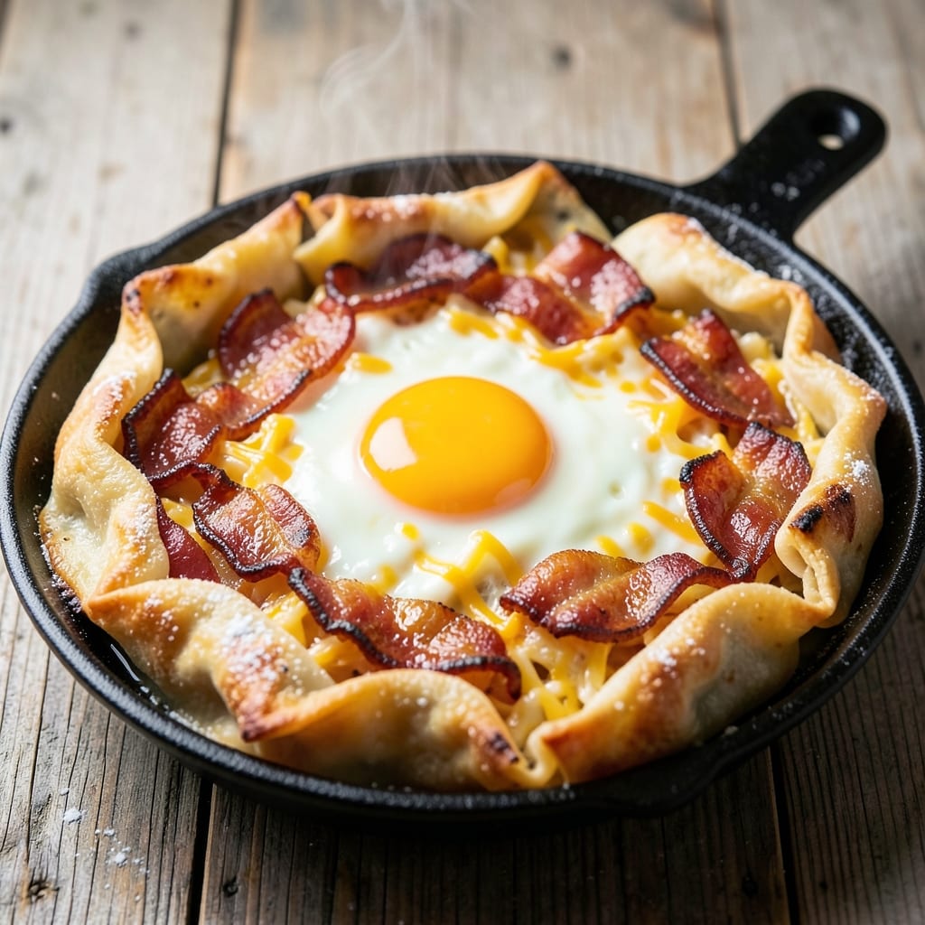 Bacon and Egg Pan Pie Recipe: Crispy Wonton Crust With Runny Yolk Rivers