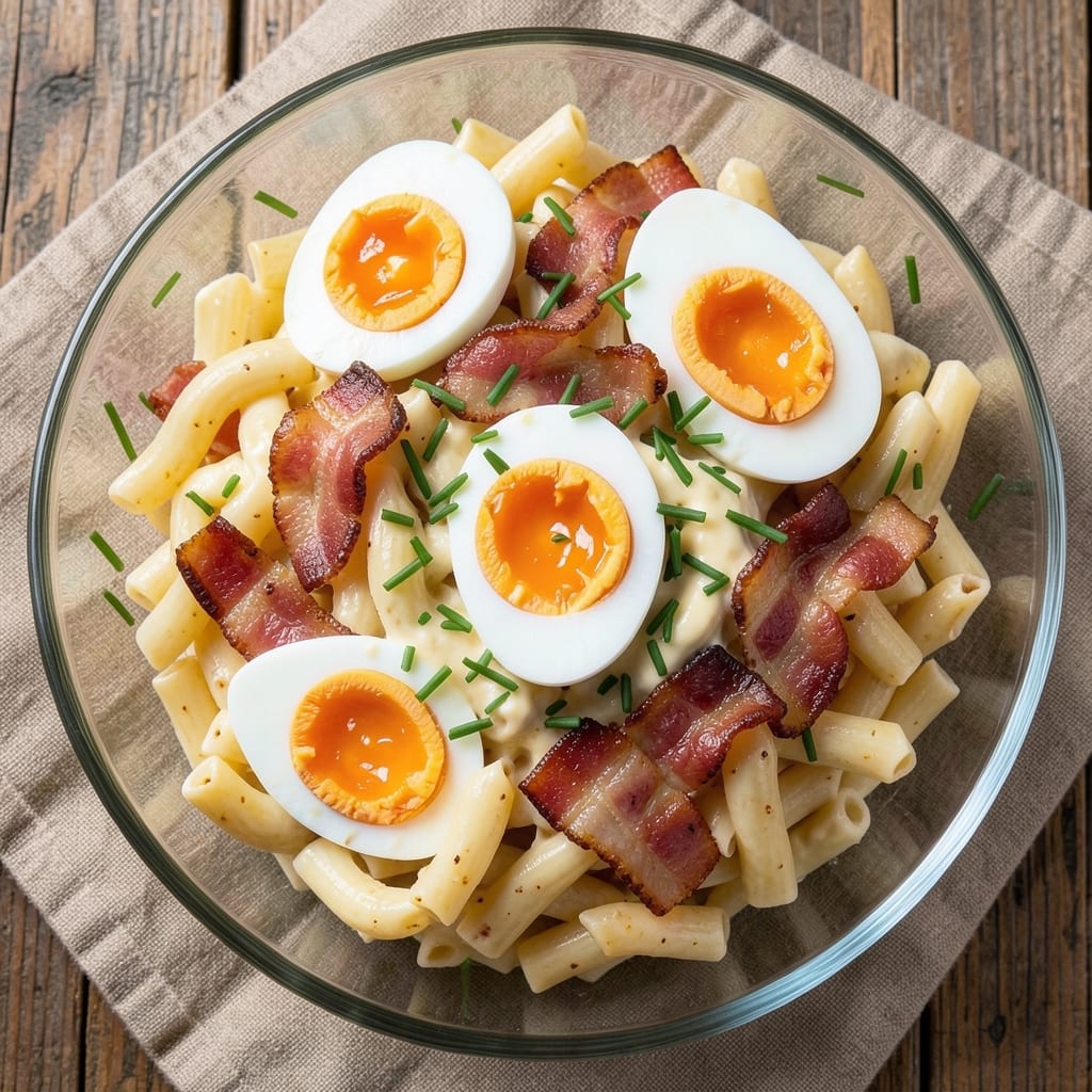 Bacon, Egg, and Macaroni Salad Recipe: Crispy Bacon Bites and Creamy Yolk Ribbons